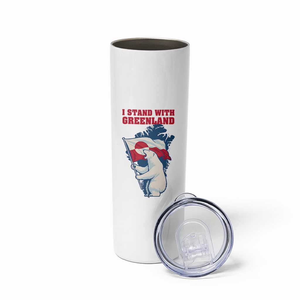 I Stand With Greenland Patriotic Skinny Tumbler Polar Bear Holding Flag Over Map