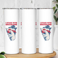 I Stand With Greenland Patriotic Skinny Tumbler Polar Bear Holding Flag Over Map