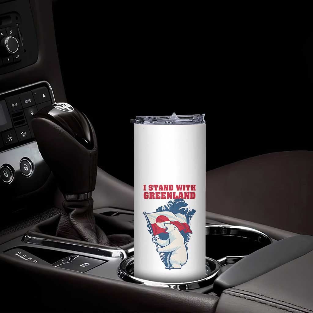 I Stand With Greenland Patriotic Skinny Tumbler Polar Bear Holding Flag Over Map