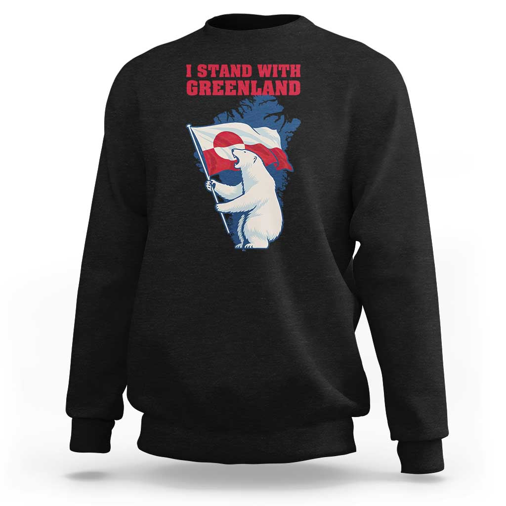 I Stand With Greenland Patriotic Sweatshirt Polar Bear Holding Flag Over Map