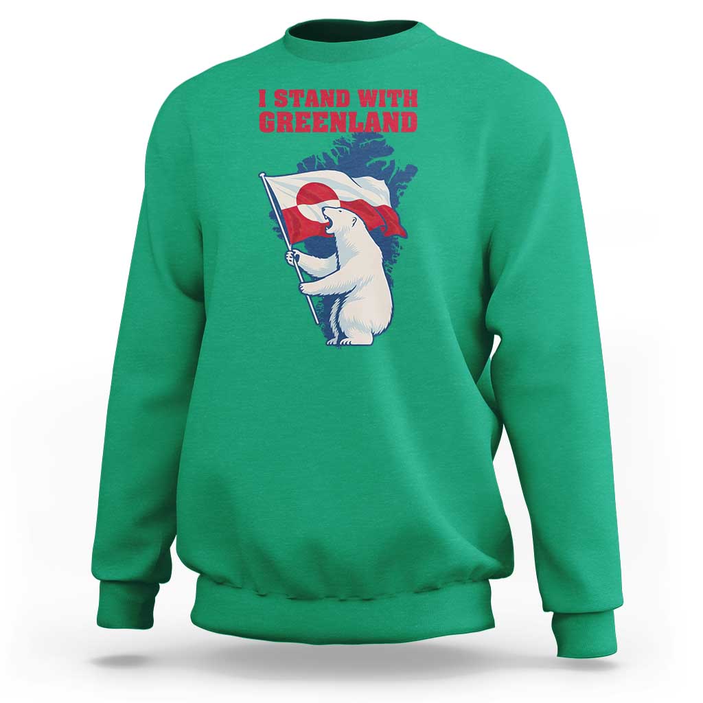 I Stand With Greenland Patriotic Sweatshirt Polar Bear Holding Flag Over Map
