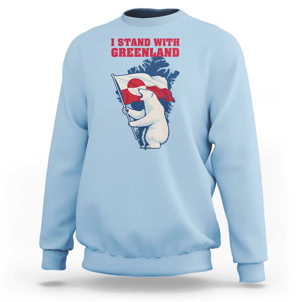 I Stand With Greenland Patriotic Sweatshirt Polar Bear Holding Flag Over Map
