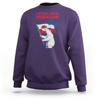 I Stand With Greenland Patriotic Sweatshirt Polar Bear Holding Flag Over Map
