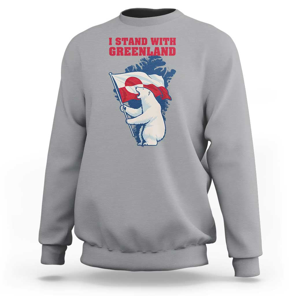 I Stand With Greenland Patriotic Sweatshirt Polar Bear Holding Flag Over Map
