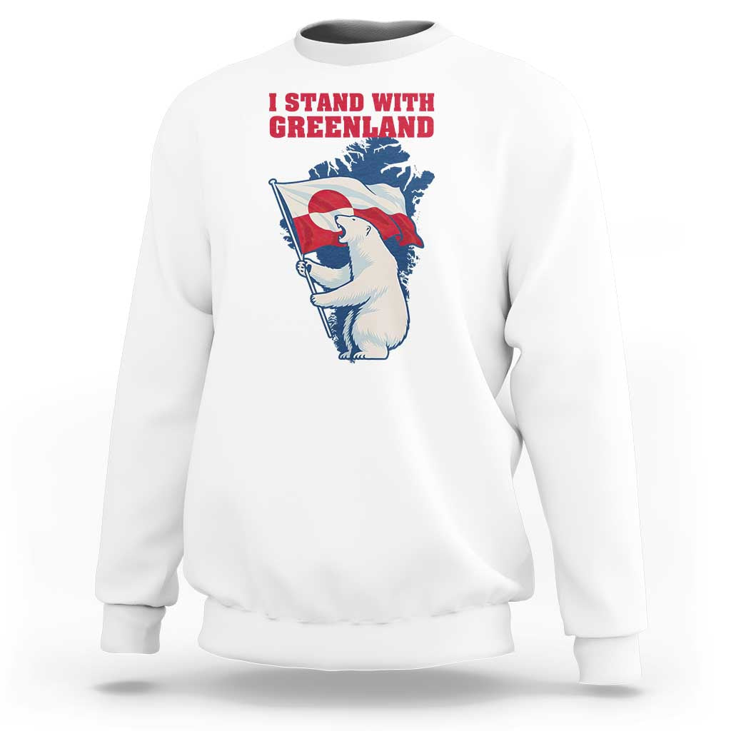 I Stand With Greenland Patriotic Sweatshirt Polar Bear Holding Flag Over Map