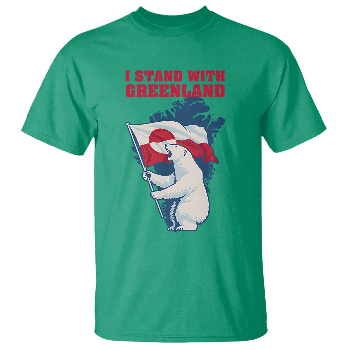 I Stand With Greenland Patriotic T Shirt Polar Bear Holding Flag Over Map
