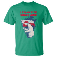 I Stand With Greenland Patriotic T Shirt Polar Bear Holding Flag Over Map
