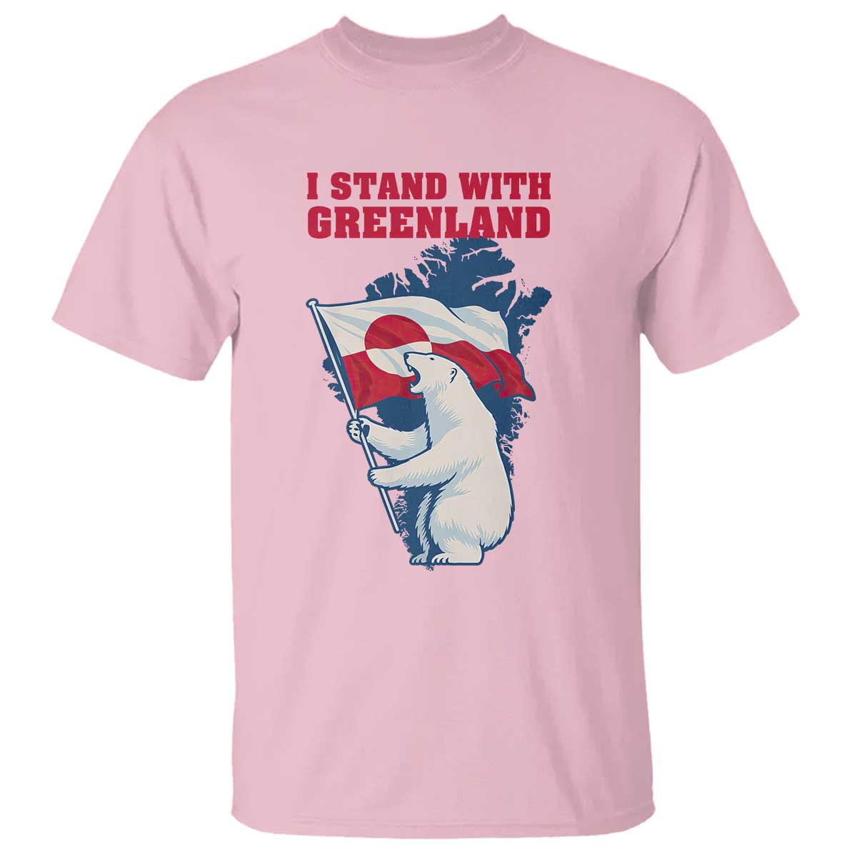 I Stand With Greenland Patriotic T Shirt Polar Bear Holding Flag Over Map
