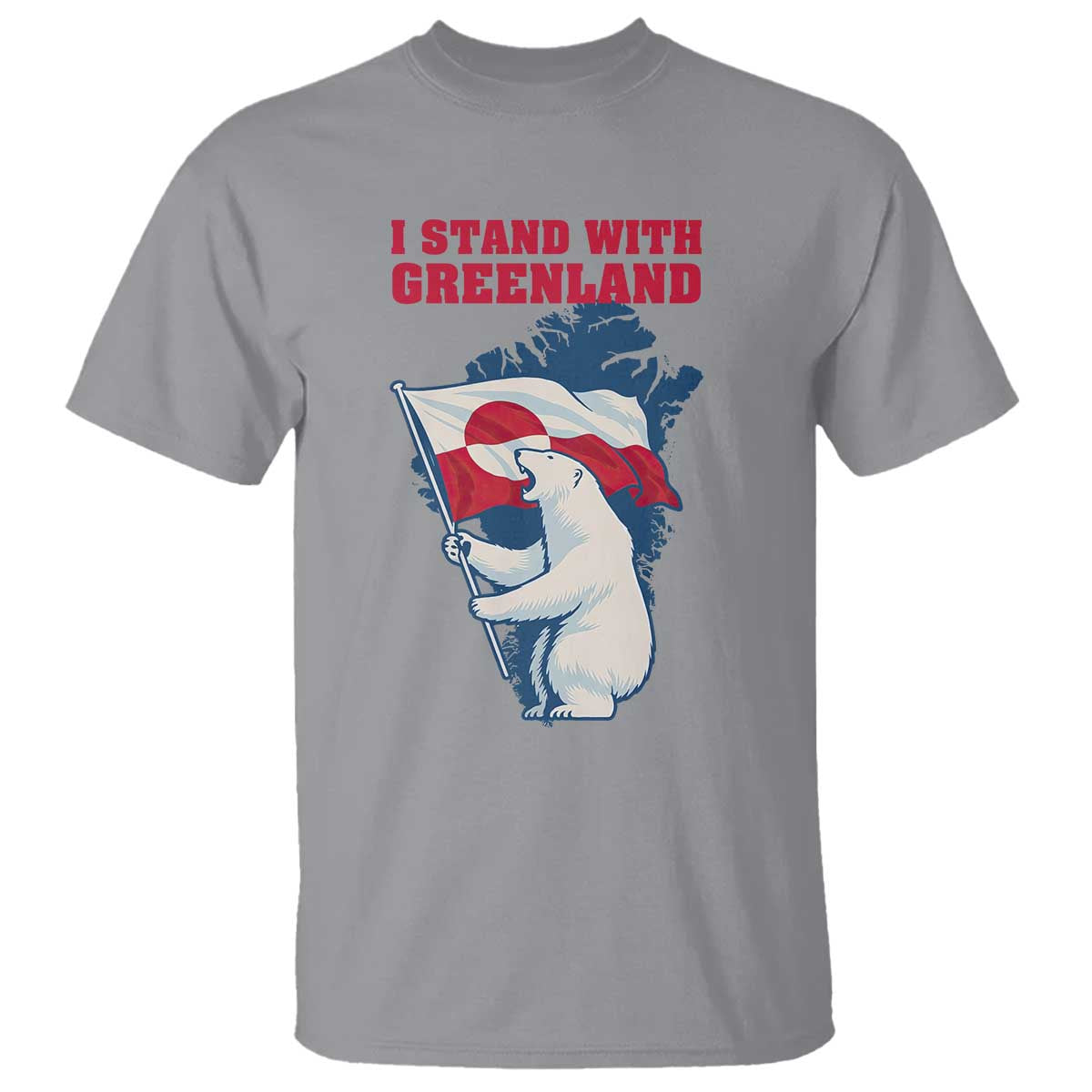 I Stand With Greenland Patriotic T Shirt Polar Bear Holding Flag Over Map
