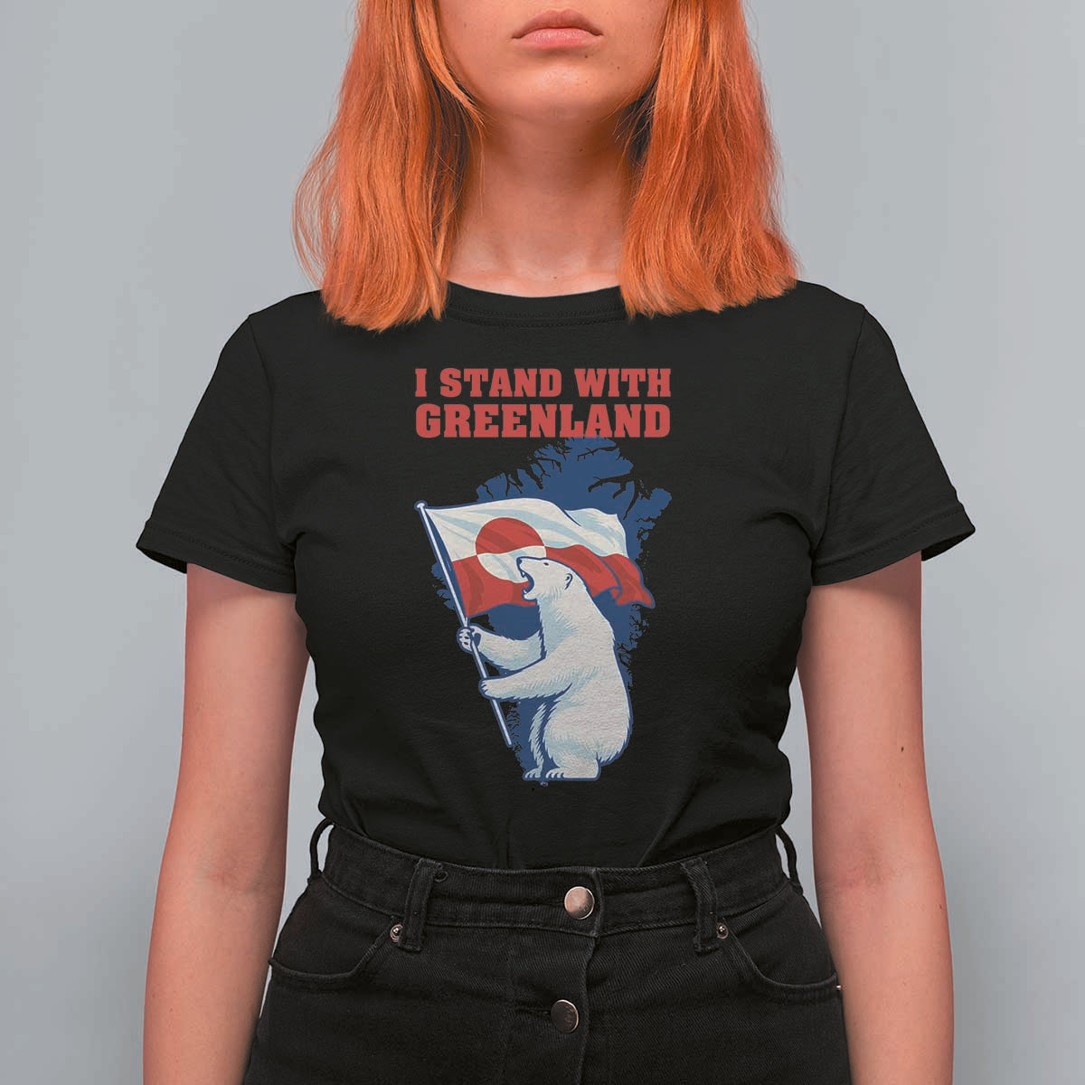 I Stand With Greenland Patriotic T Shirt For Women Polar Bear Holding Flag Over Map