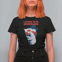 I Stand With Greenland Patriotic T Shirt For Women Polar Bear Holding Flag Over Map