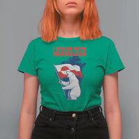 I Stand With Greenland Patriotic T Shirt For Women Polar Bear Holding Flag Over Map