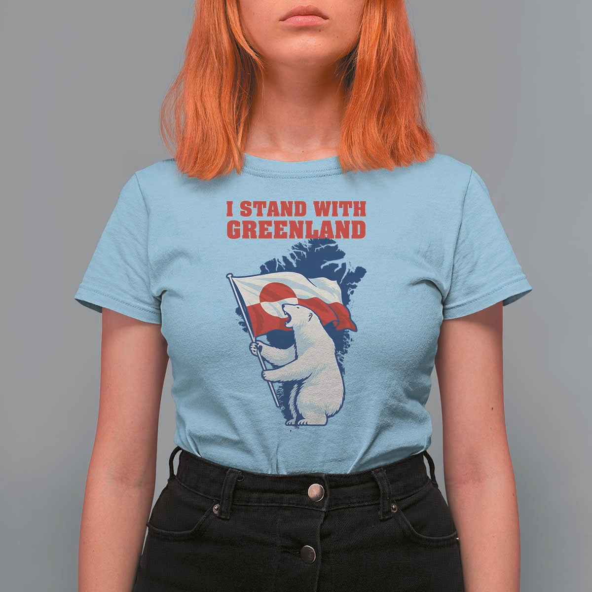 I Stand With Greenland Patriotic T Shirt For Women Polar Bear Holding Flag Over Map