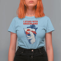 I Stand With Greenland Patriotic T Shirt For Women Polar Bear Holding Flag Over Map