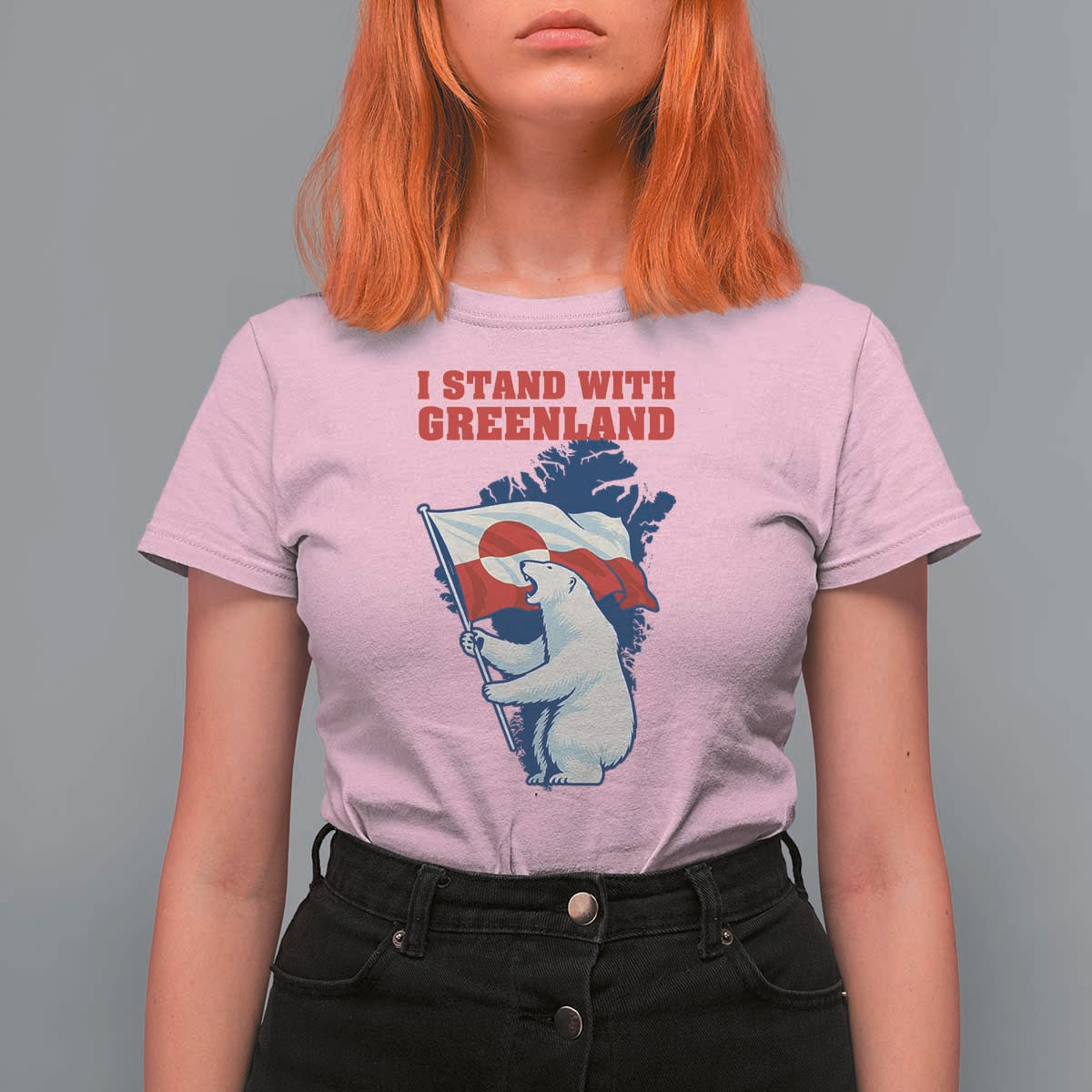 I Stand With Greenland Patriotic T Shirt For Women Polar Bear Holding Flag Over Map
