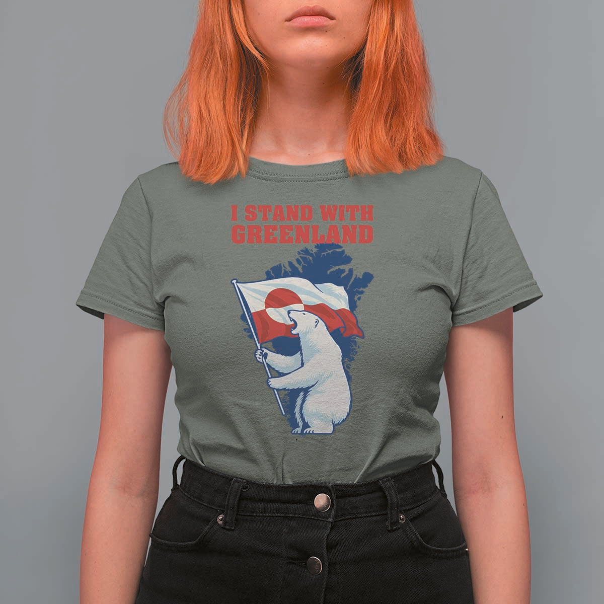 I Stand With Greenland Patriotic T Shirt For Women Polar Bear Holding Flag Over Map