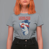 I Stand With Greenland Patriotic T Shirt For Women Polar Bear Holding Flag Over Map
