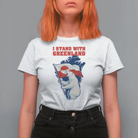 I Stand With Greenland Patriotic T Shirt For Women Polar Bear Holding Flag Over Map
