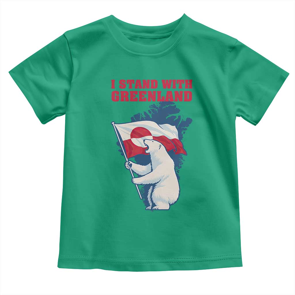 I Stand With Greenland Patriotic Toddler T Shirt Polar Bear Holding Flag Over Map