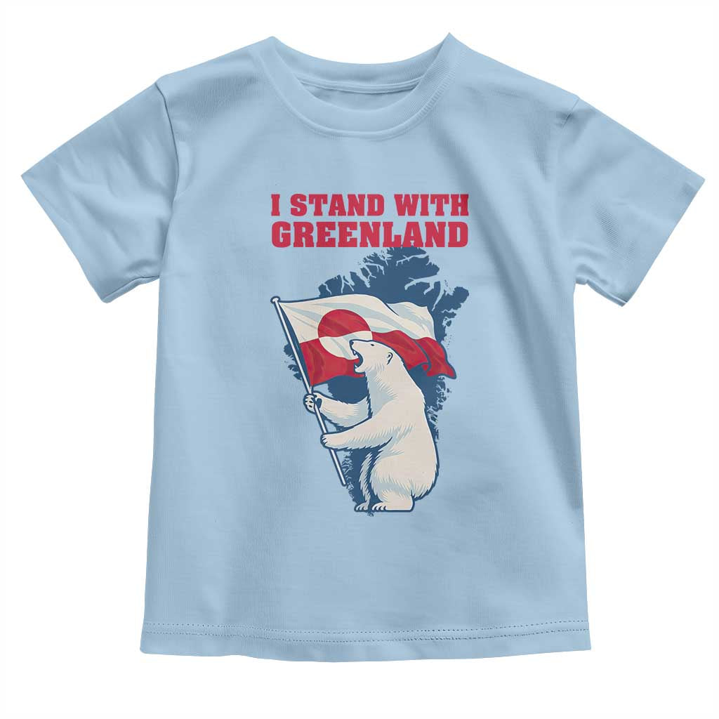 I Stand With Greenland Patriotic Toddler T Shirt Polar Bear Holding Flag Over Map