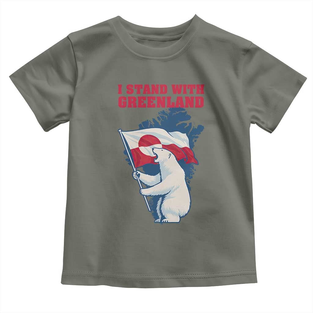 I Stand With Greenland Patriotic Toddler T Shirt Polar Bear Holding Flag Over Map