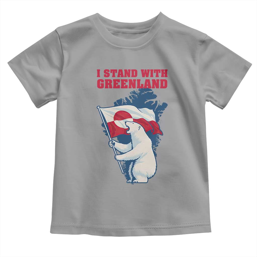 I Stand With Greenland Patriotic Toddler T Shirt Polar Bear Holding Flag Over Map