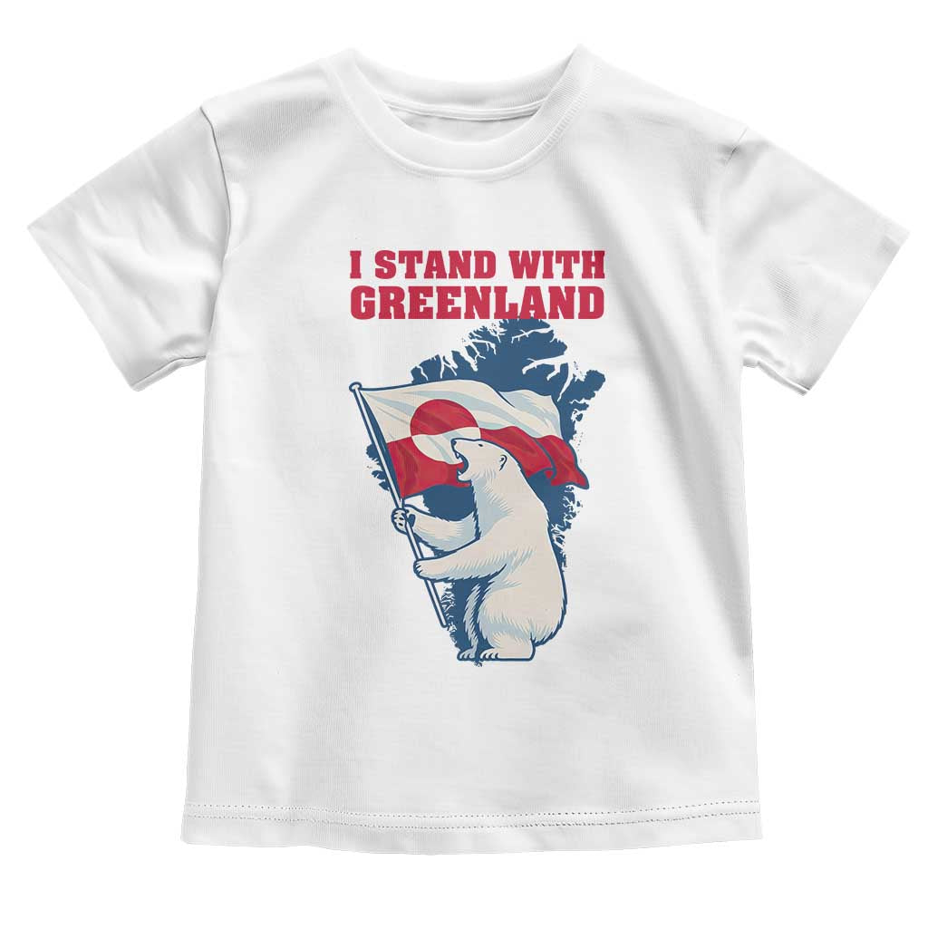 I Stand With Greenland Patriotic Toddler T Shirt Polar Bear Holding Flag Over Map