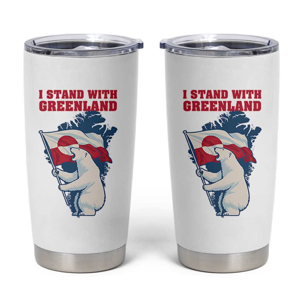 I Stand With Greenland Patriotic Tumbler Cup Polar Bear Holding Flag Over Map