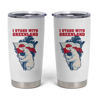 I Stand With Greenland Patriotic Tumbler Cup Polar Bear Holding Flag Over Map