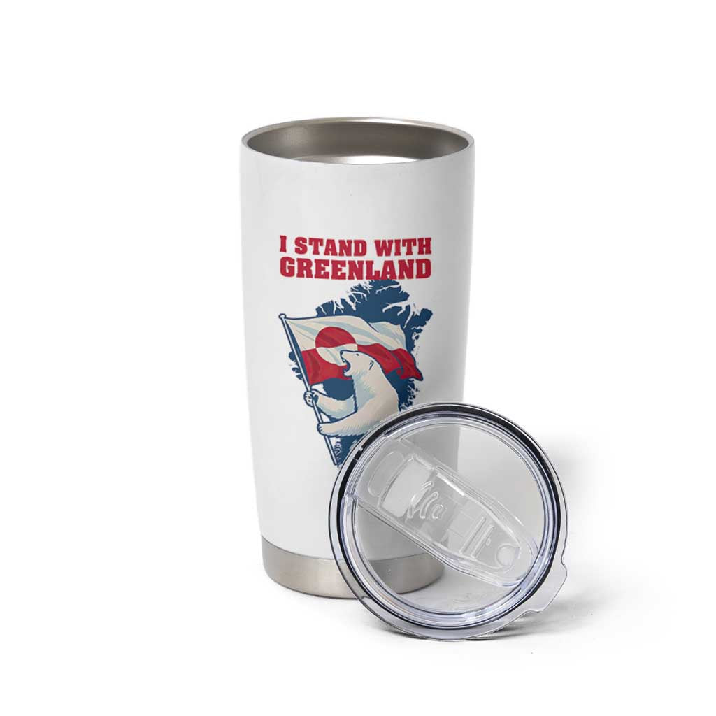 I Stand With Greenland Patriotic Tumbler Cup Polar Bear Holding Flag Over Map