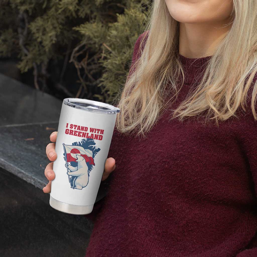 I Stand With Greenland Patriotic Tumbler Cup Polar Bear Holding Flag Over Map