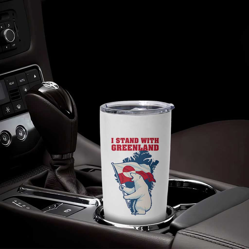 I Stand With Greenland Patriotic Tumbler Cup Polar Bear Holding Flag Over Map
