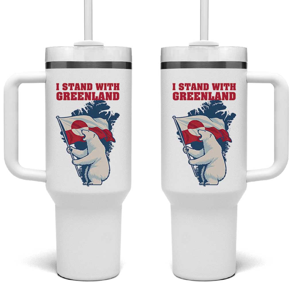 I Stand With Greenland Patriotic Tumbler With Handle Polar Bear Holding Flag Over Map