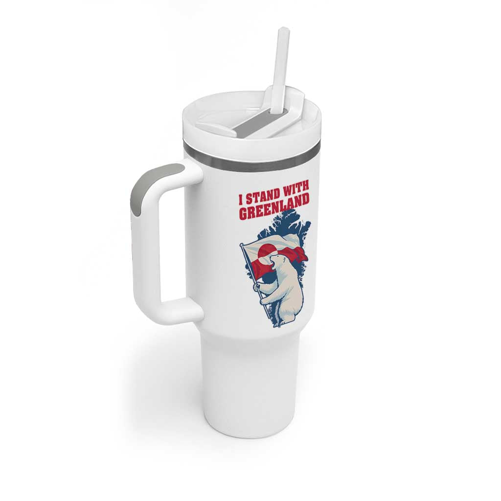 I Stand With Greenland Patriotic Tumbler With Handle Polar Bear Holding Flag Over Map