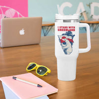I Stand With Greenland Patriotic Tumbler With Handle Polar Bear Holding Flag Over Map