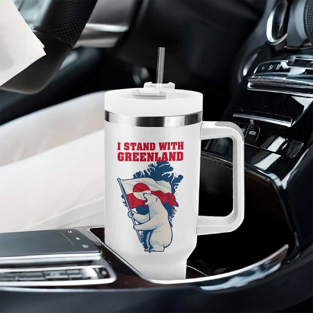 I Stand With Greenland Patriotic Tumbler With Handle Polar Bear Holding Flag Over Map