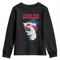 I Stand With Greenland Patriotic Youth Sweatshirt Polar Bear Holding Flag Over Map