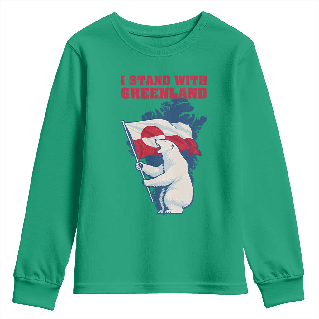 I Stand With Greenland Patriotic Youth Sweatshirt Polar Bear Holding Flag Over Map