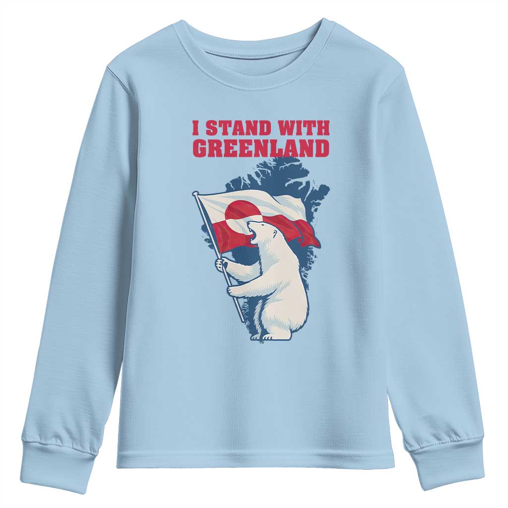 I Stand With Greenland Patriotic Youth Sweatshirt Polar Bear Holding Flag Over Map