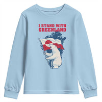 I Stand With Greenland Patriotic Youth Sweatshirt Polar Bear Holding Flag Over Map