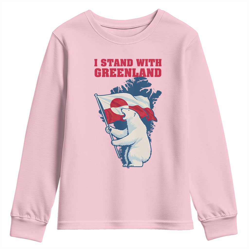 I Stand With Greenland Patriotic Youth Sweatshirt Polar Bear Holding Flag Over Map