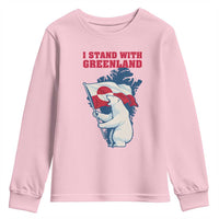 I Stand With Greenland Patriotic Youth Sweatshirt Polar Bear Holding Flag Over Map