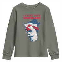I Stand With Greenland Patriotic Youth Sweatshirt Polar Bear Holding Flag Over Map