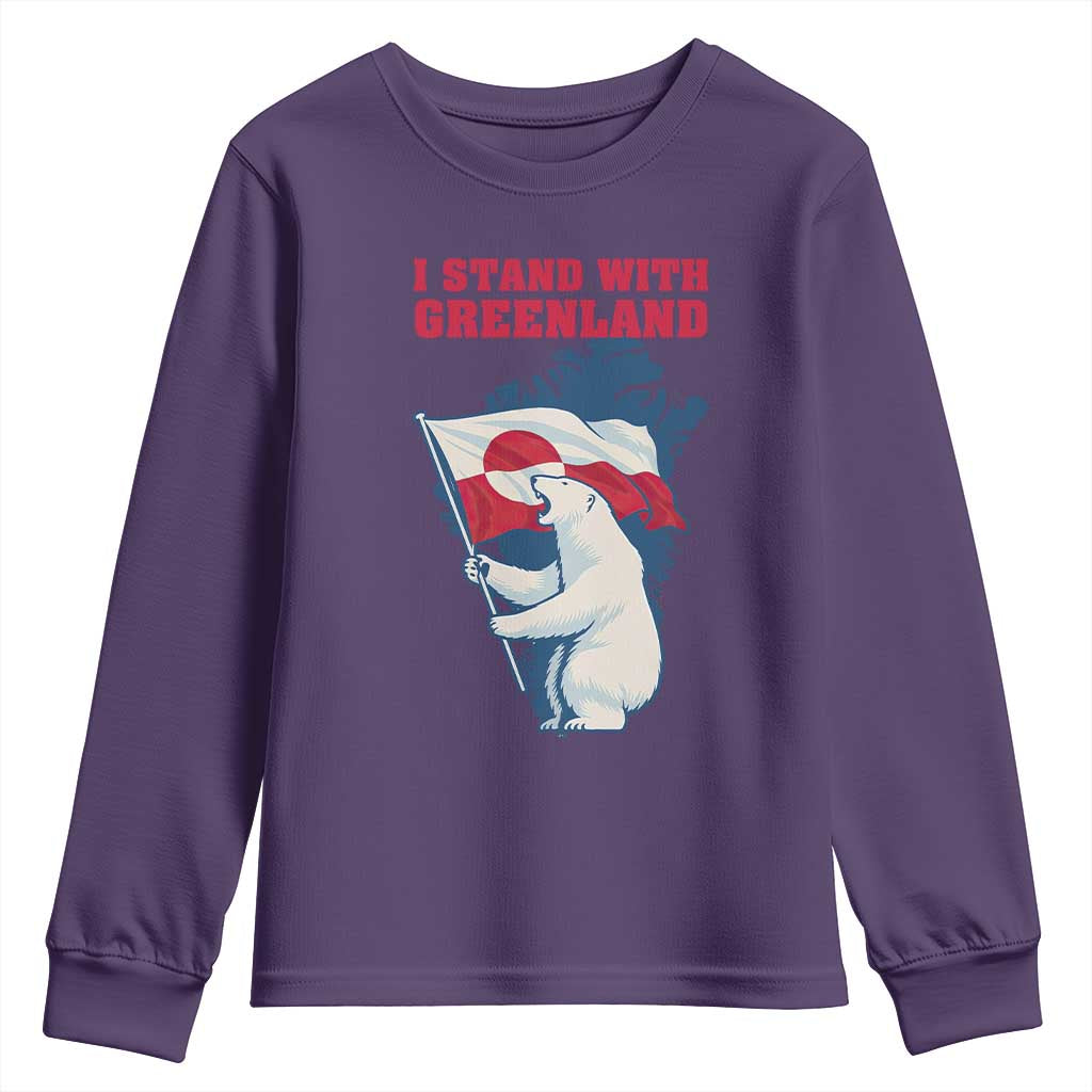 I Stand With Greenland Patriotic Youth Sweatshirt Polar Bear Holding Flag Over Map