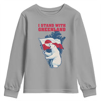 I Stand With Greenland Patriotic Youth Sweatshirt Polar Bear Holding Flag Over Map