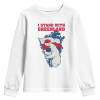 I Stand With Greenland Patriotic Youth Sweatshirt Polar Bear Holding Flag Over Map