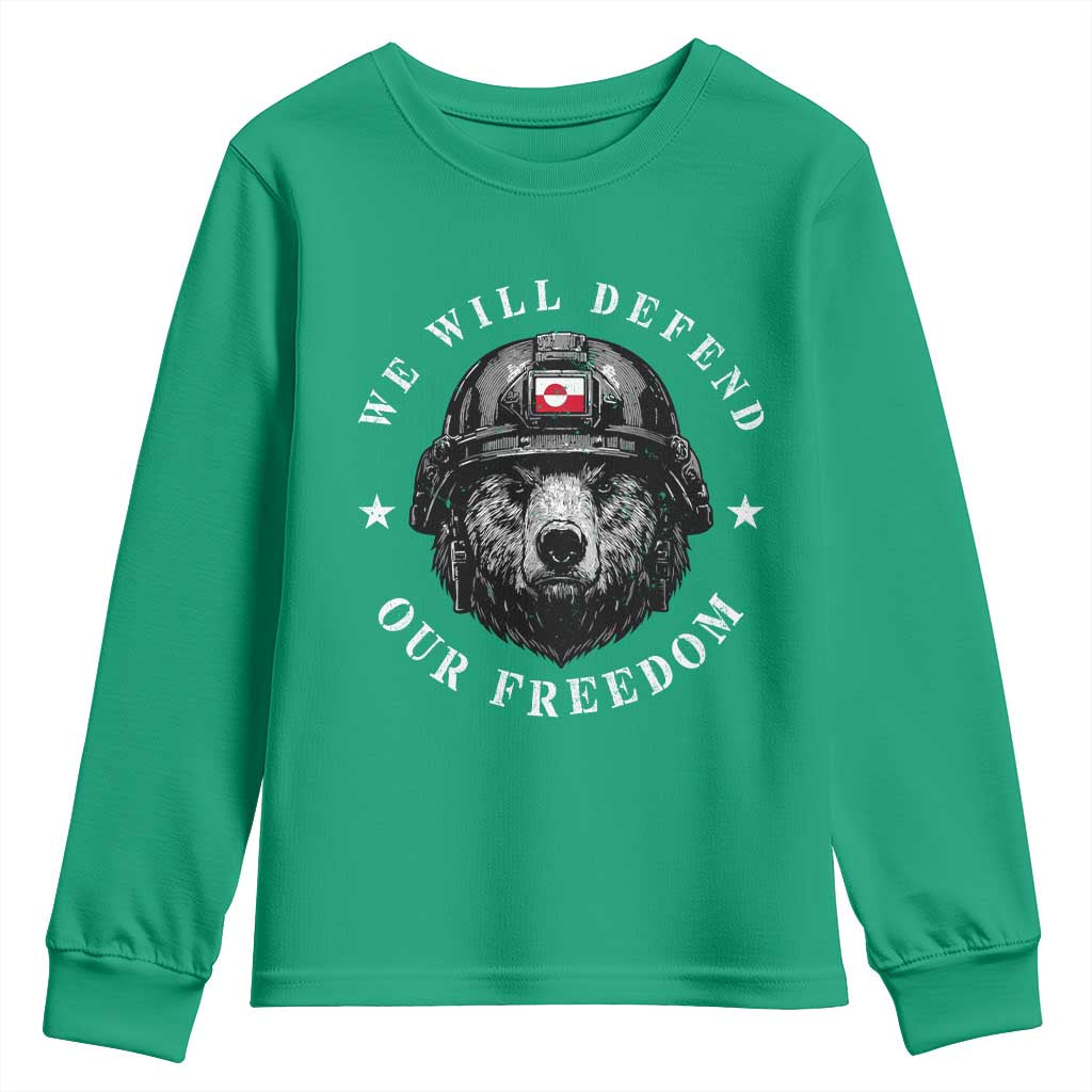 Greenland Bear We Will Defend Our Freedom Youth Sweatshirt Polar Bear Soldier National Pride