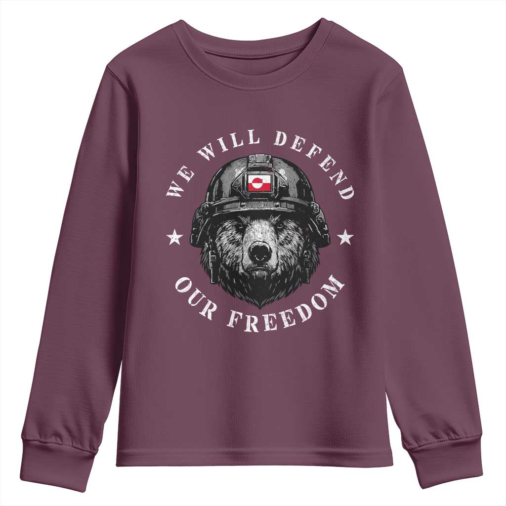 Greenland Bear We Will Defend Our Freedom Youth Sweatshirt Polar Bear Soldier National Pride