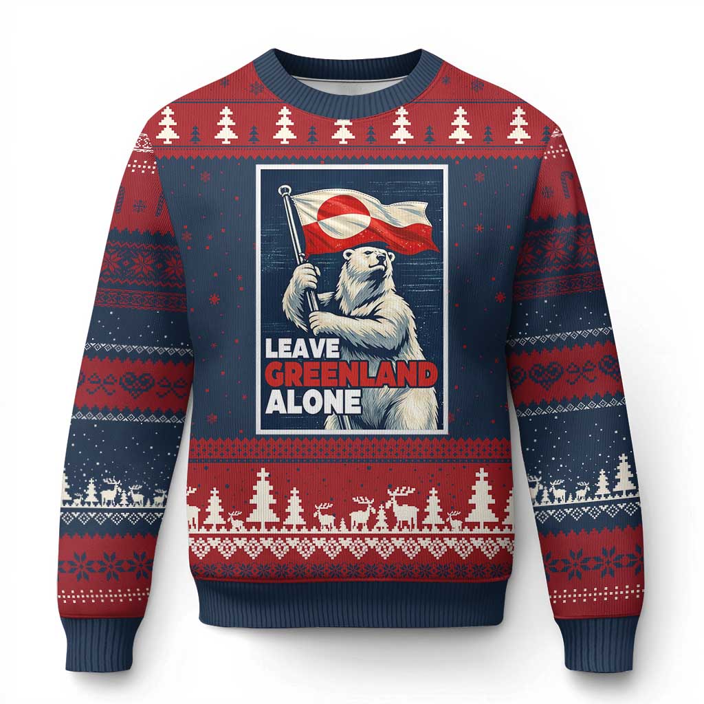 Leave Greenland Alone Vintage Poster Graphic Ugly Christmas Sweater Retro Polar Bear Waving Flag Patriot