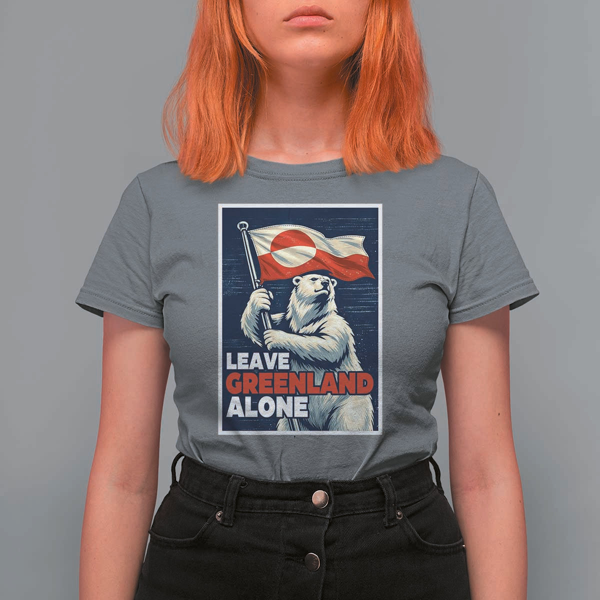 Leave Greenland Alone Vintage Poster Graphic T Shirt For Women Retro Polar Bear Waving Flag Patriot